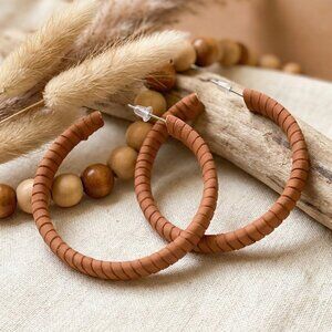 Boho Chic Large Brown Suede Textured Statement Fashion Trendy Hoop Earrings
